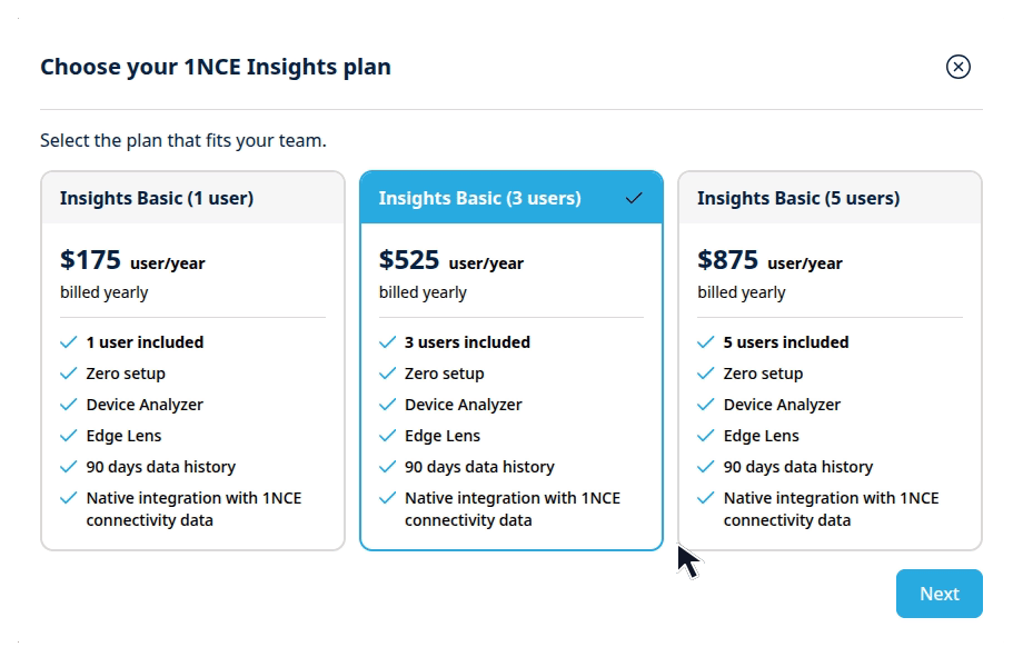 Subscription setup walkthrough: choose a 1NCE Insights plan, select Next, then choose which users can access 1NCE Insights