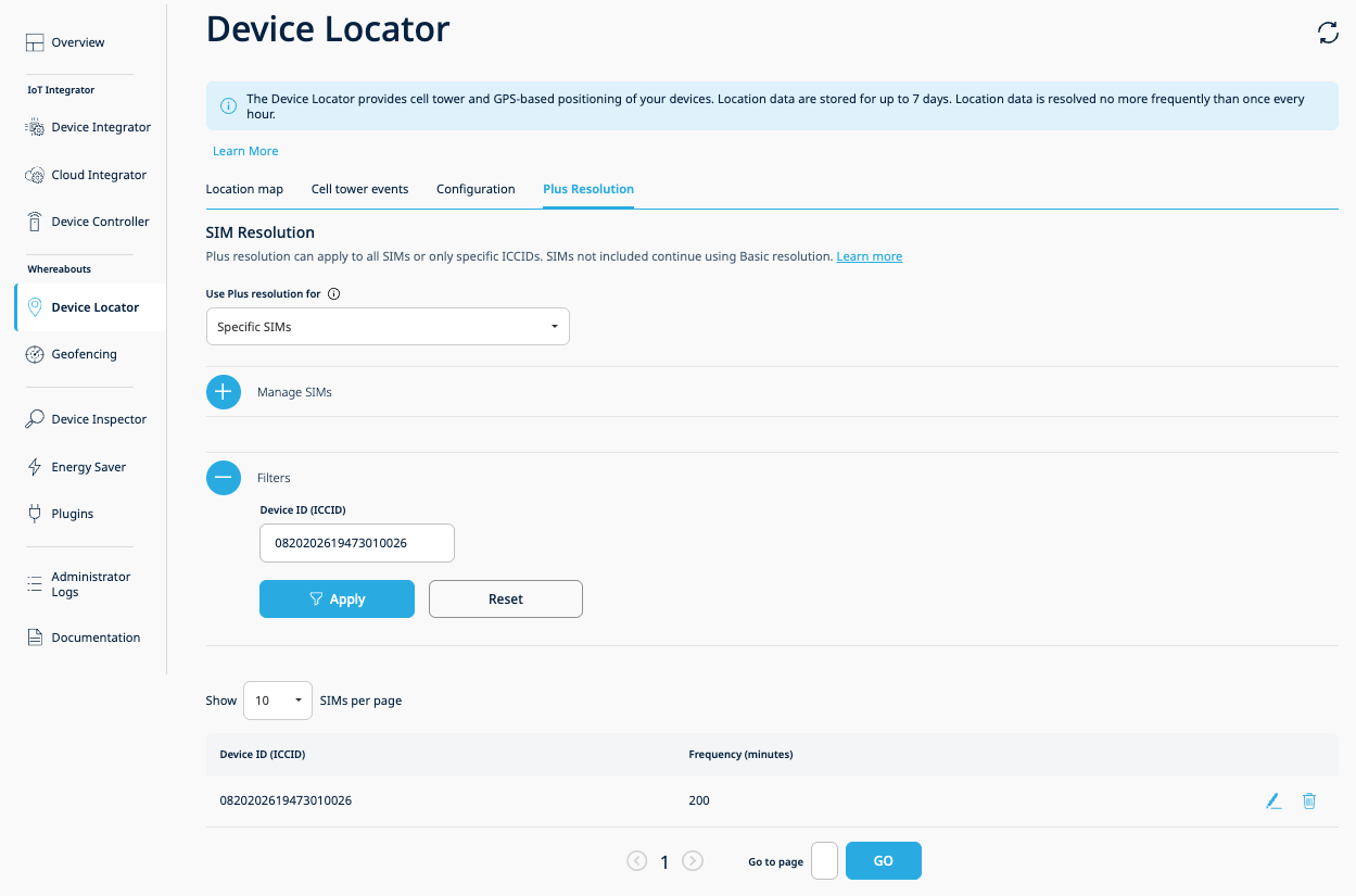 Enabled SIMs Table with ICCID filter applied and pagination controls in the Plus Resolution tab