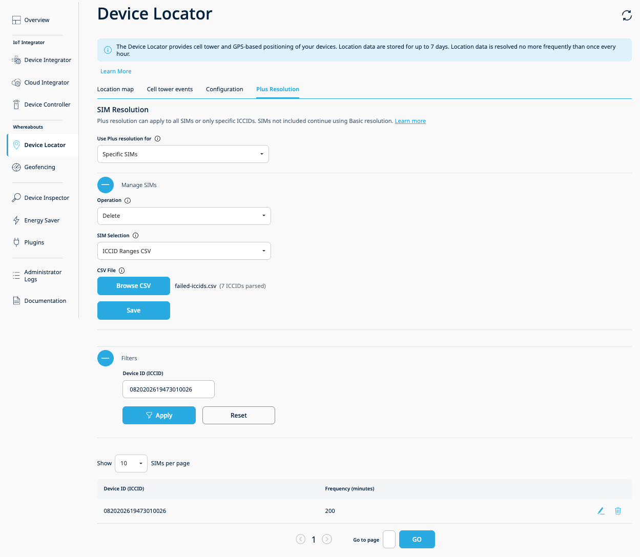Delete operation in the Manage SIMs section with CSV upload showing parsed ICCID count