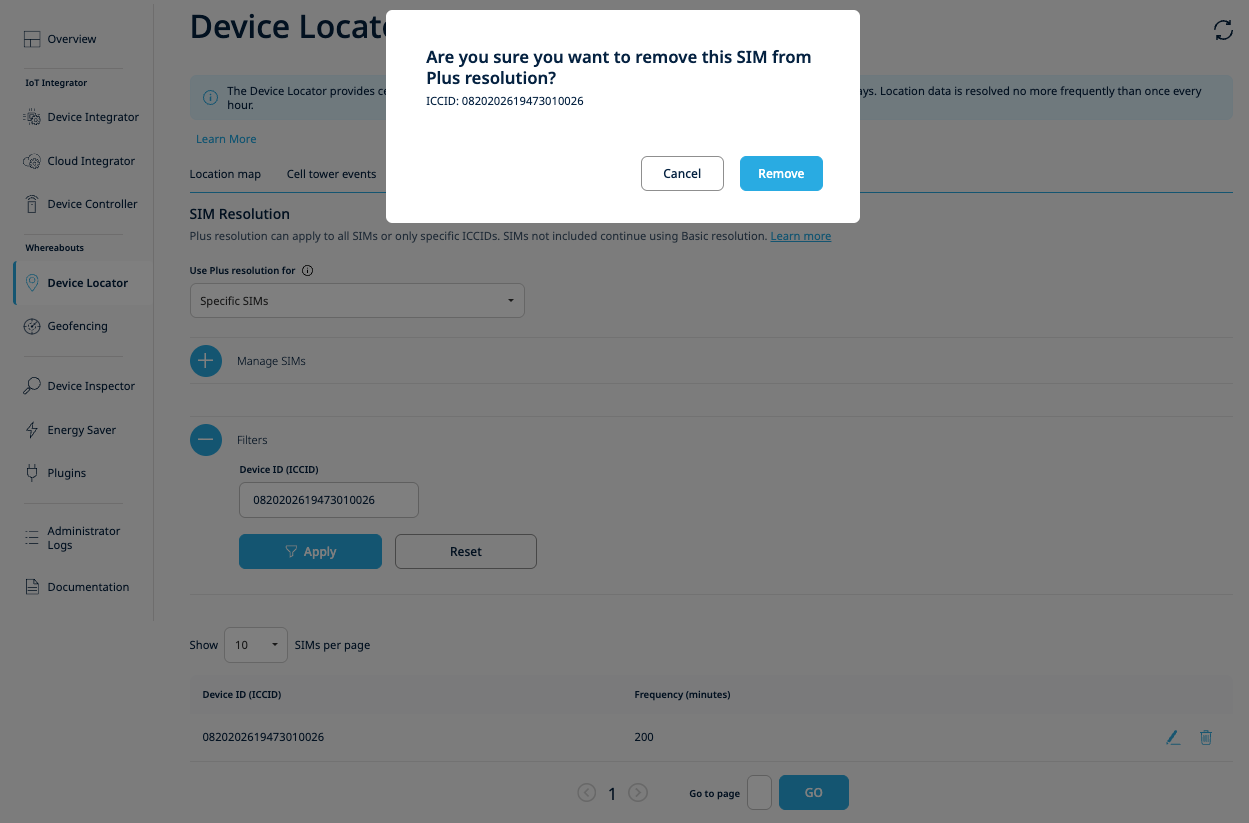 Row-level delete confirmation modal asking to remove a SIM from Plus resolution with Cancel and Remove buttons