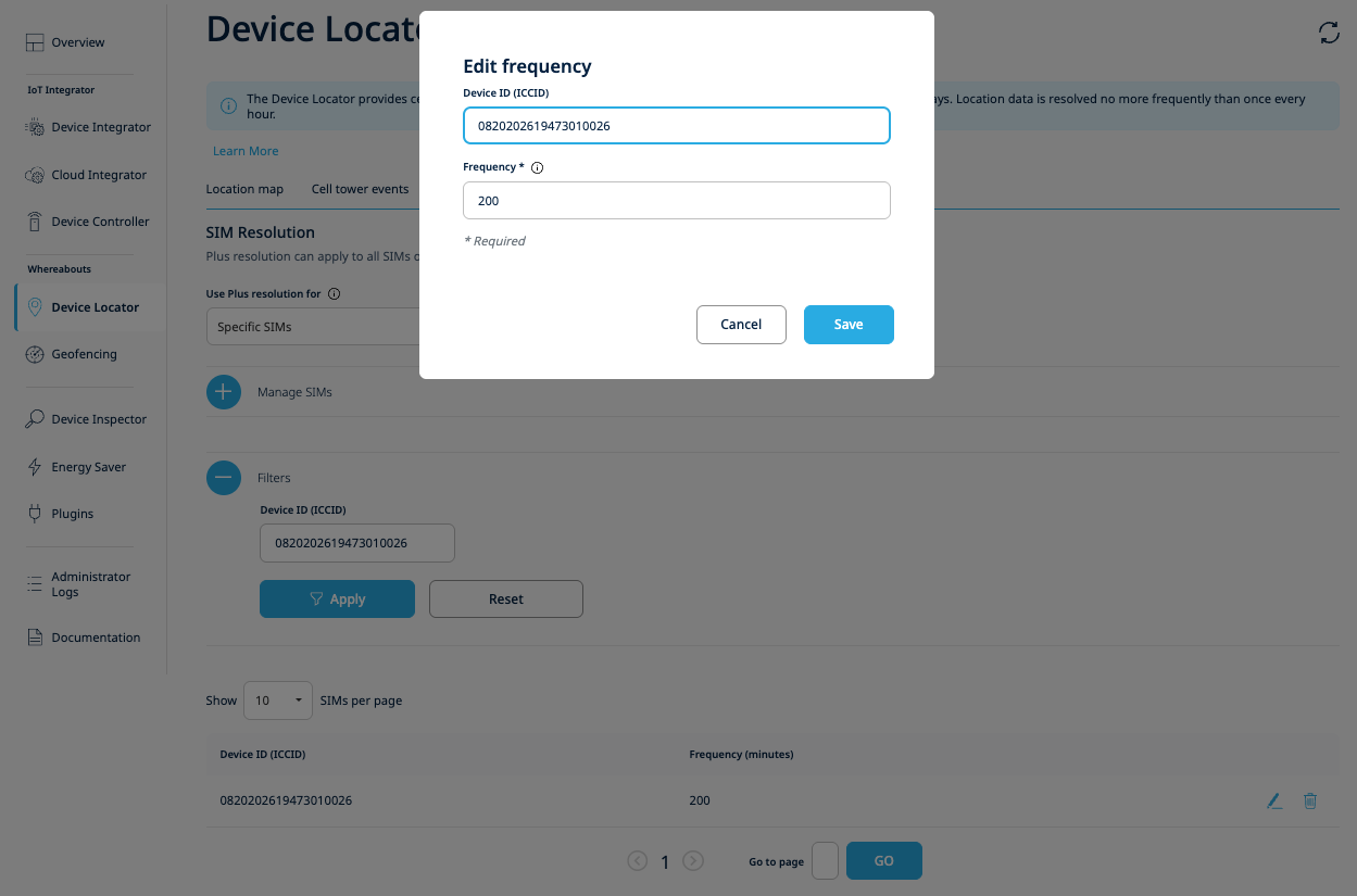 Edit Frequency modal with pre-populated frequency value