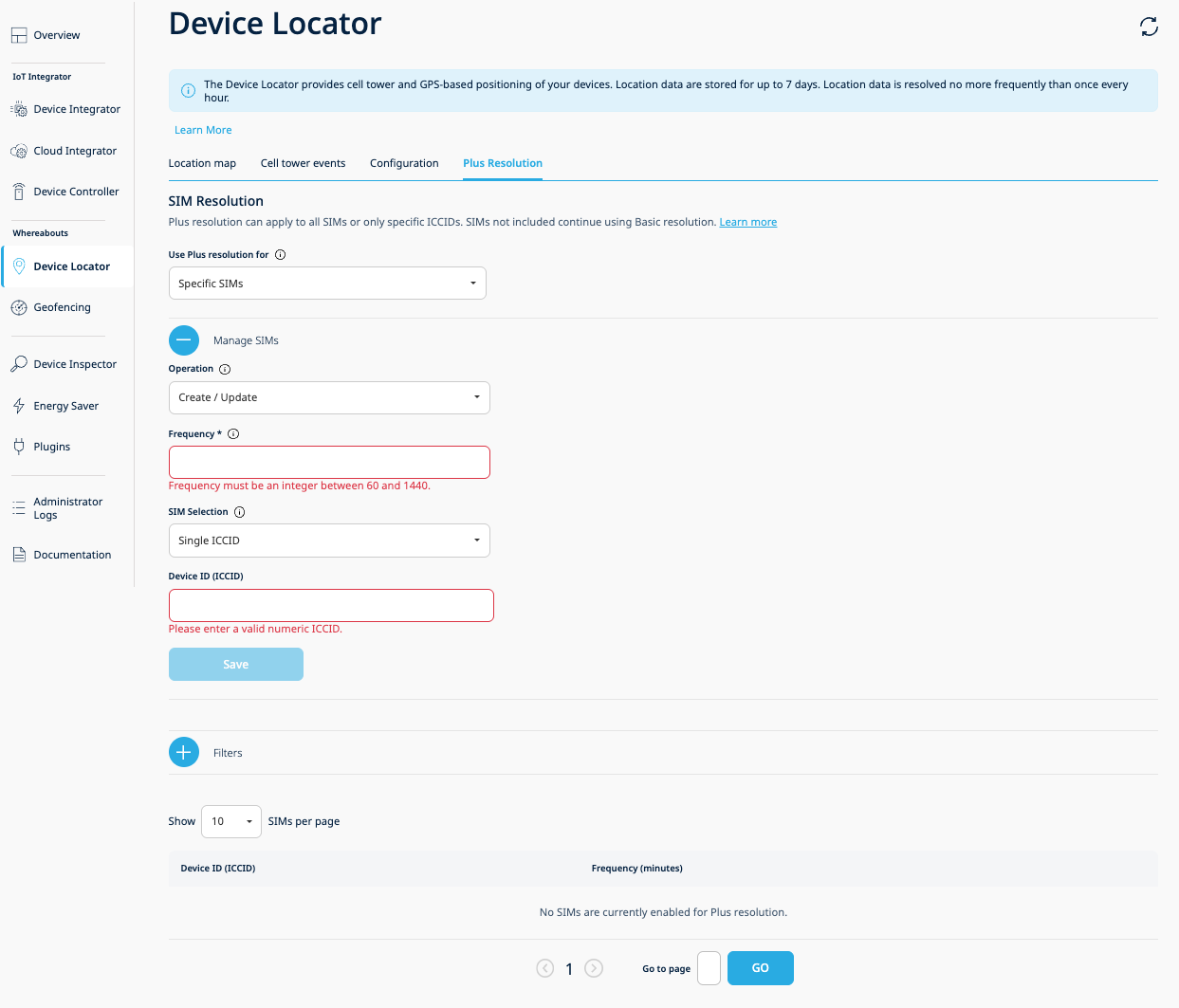 Manage SIMs section with Single ICCID selection and frequency input in the Plus Resolution tab