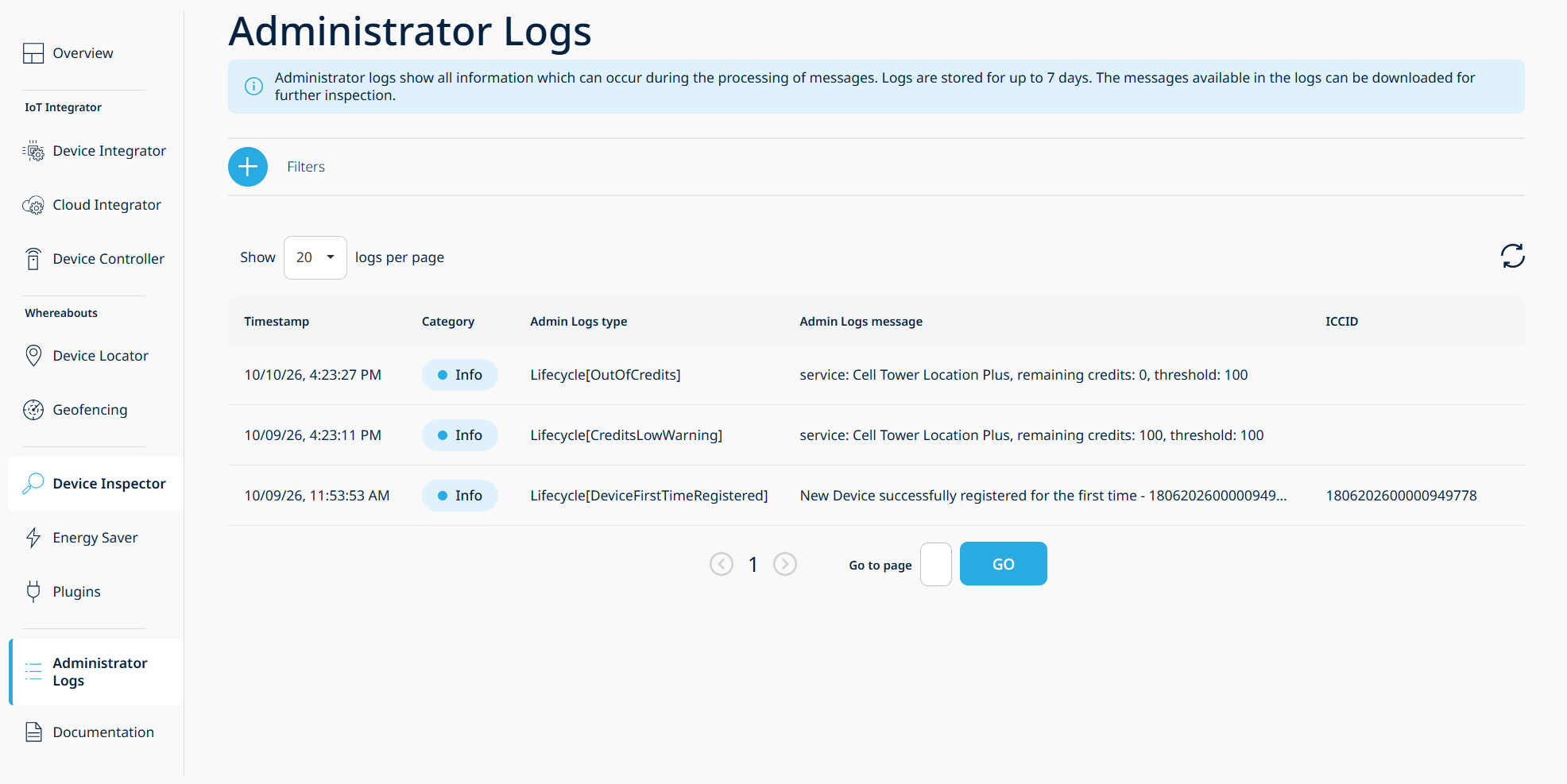 Administrator Logs filtered to the Info category, listing Lifecycle events including OutOfCredits, DeviceFirstTimeRegistered, and CreditsLowWarning entries with service, remaining credits, threshold, and ICCID values