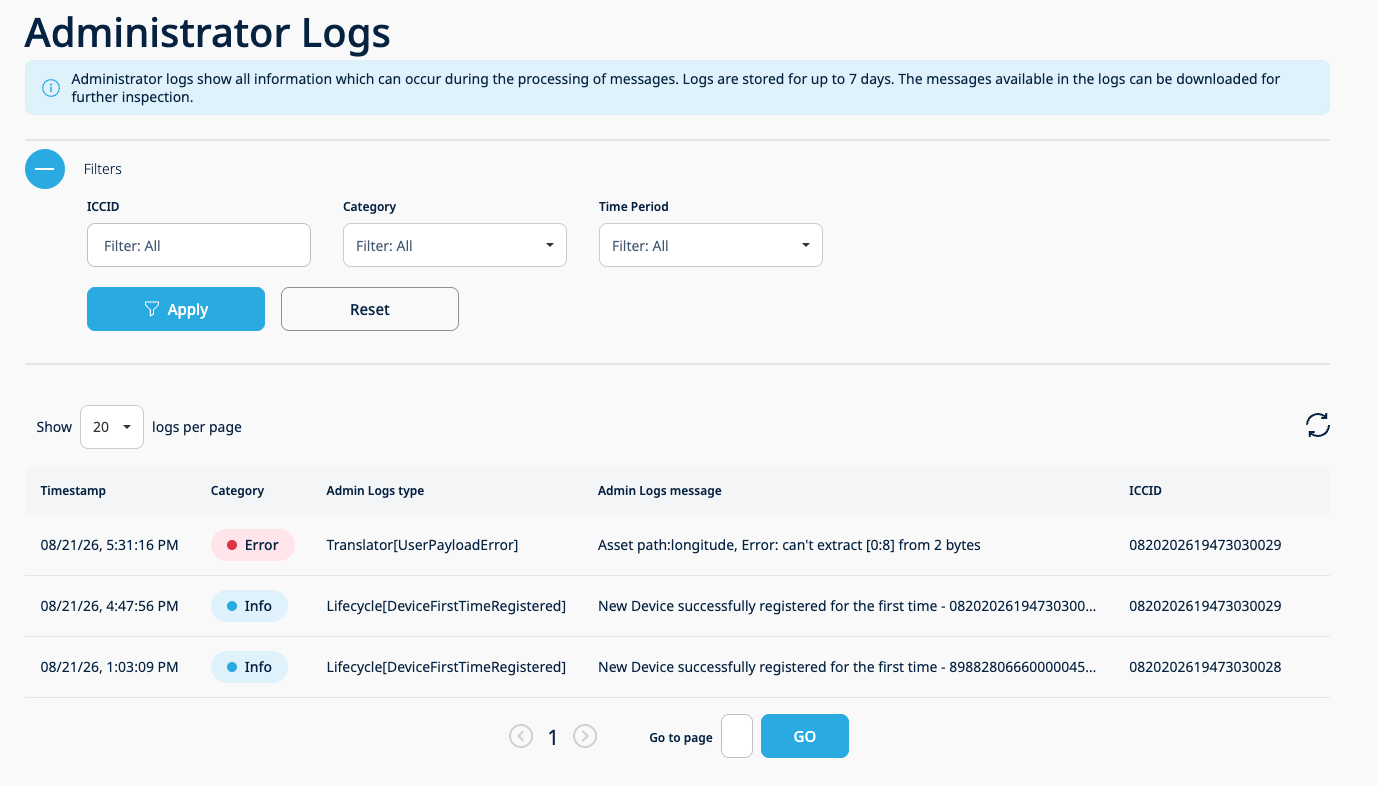 Filter at the admin logs