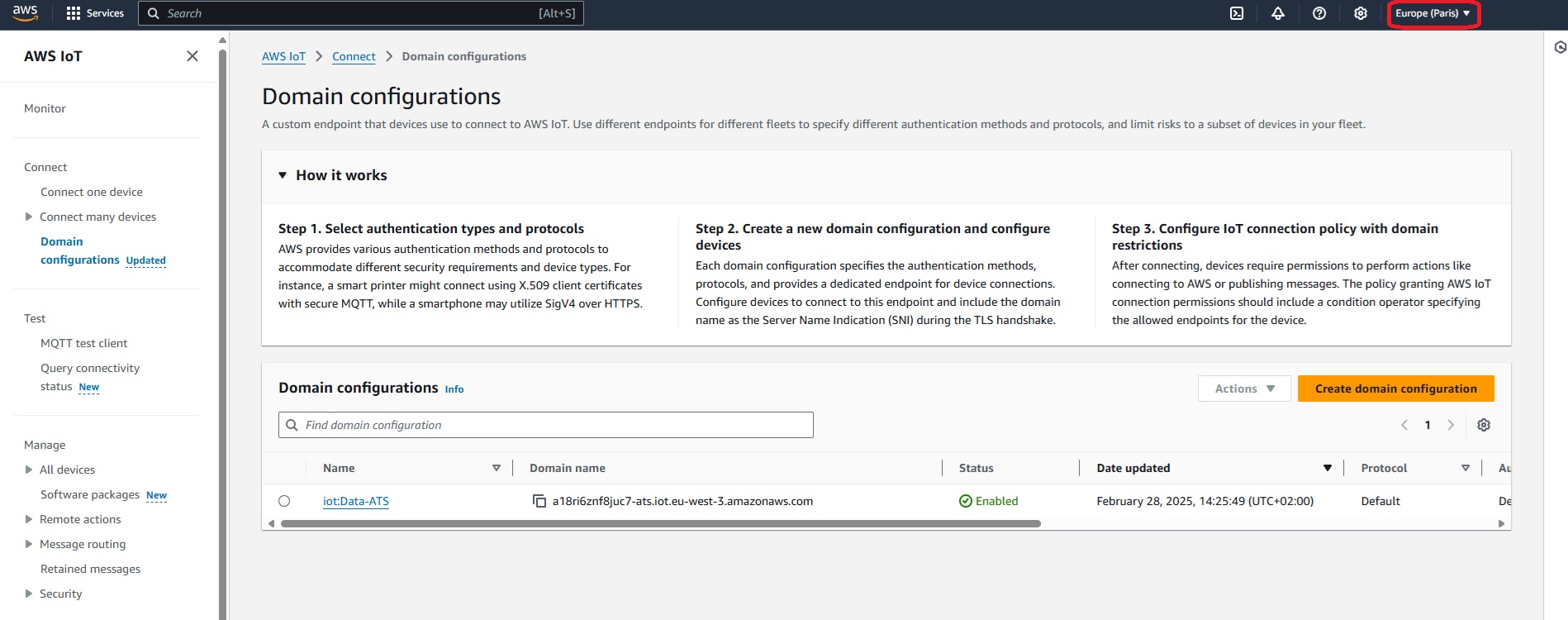 iot:Data-ATS Endpoint enabled for the customer’s chosen region