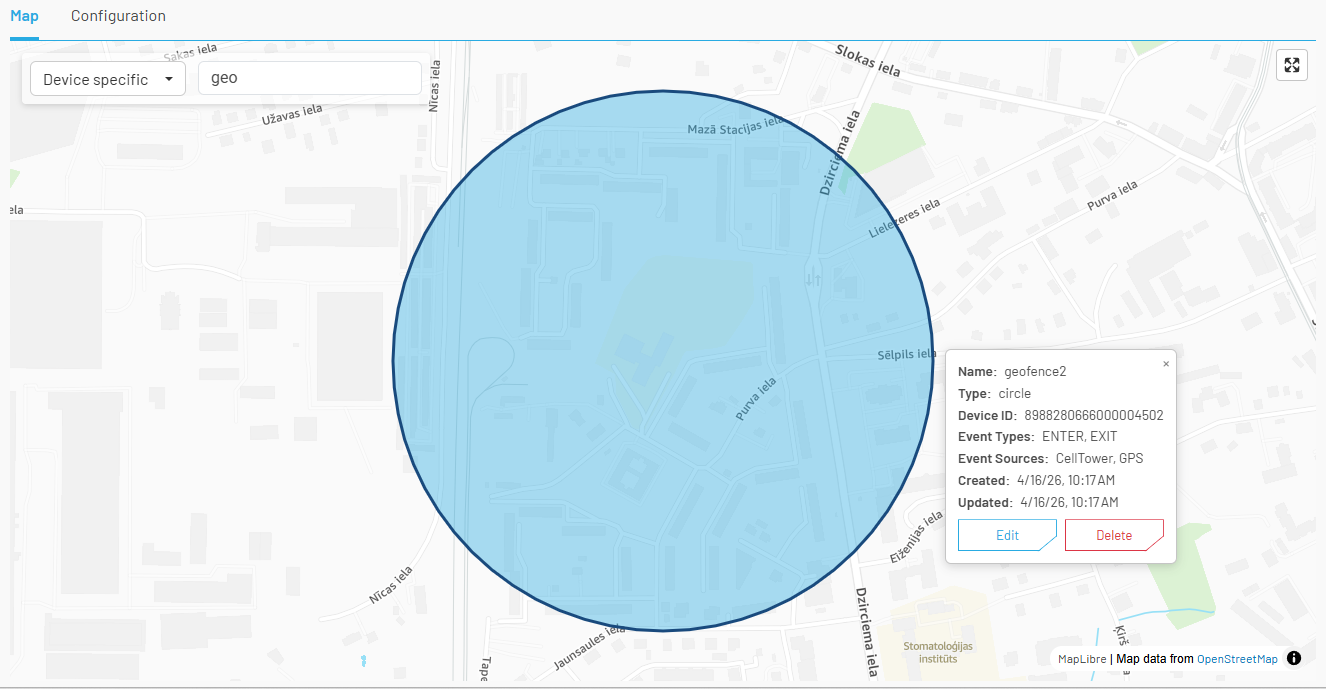 Geofence details with Edit and Delete options