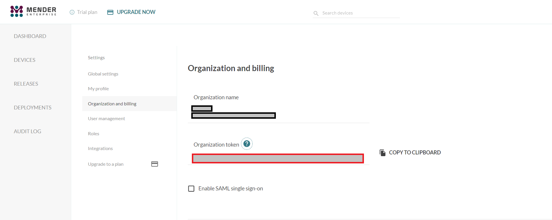 Organization Token in Mender