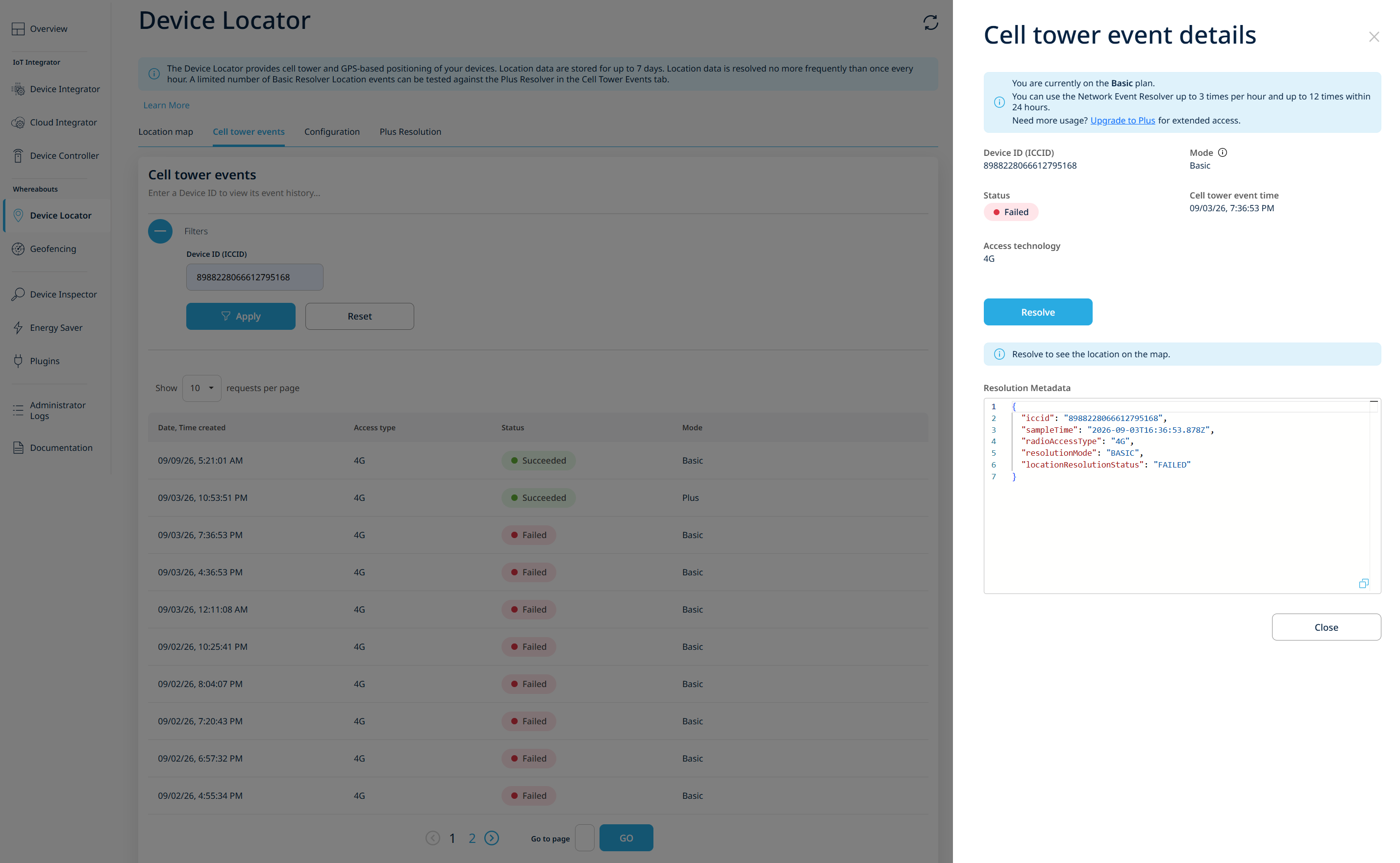Cell tower event details panel in its initial state for a Basic event, showing the event detail fields, no resolved map pin, and the event-row metadata JSON