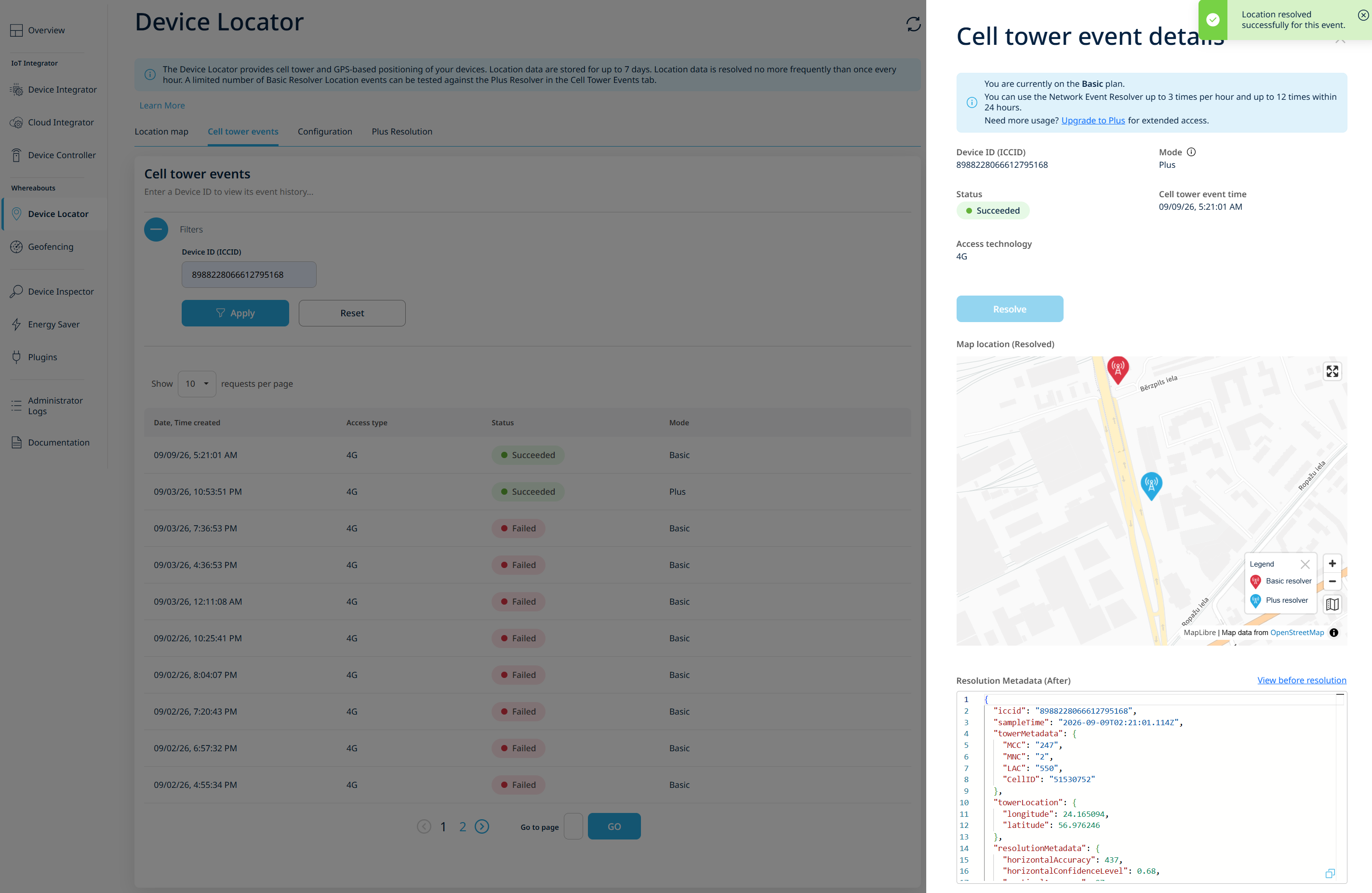 Before/after comparison showing the red Basic resolver marker and the blue Plus resolver marker together, the accuracy circle around the blue marker, and a legend listing both resolver rows under the Map location (Resolved) heading