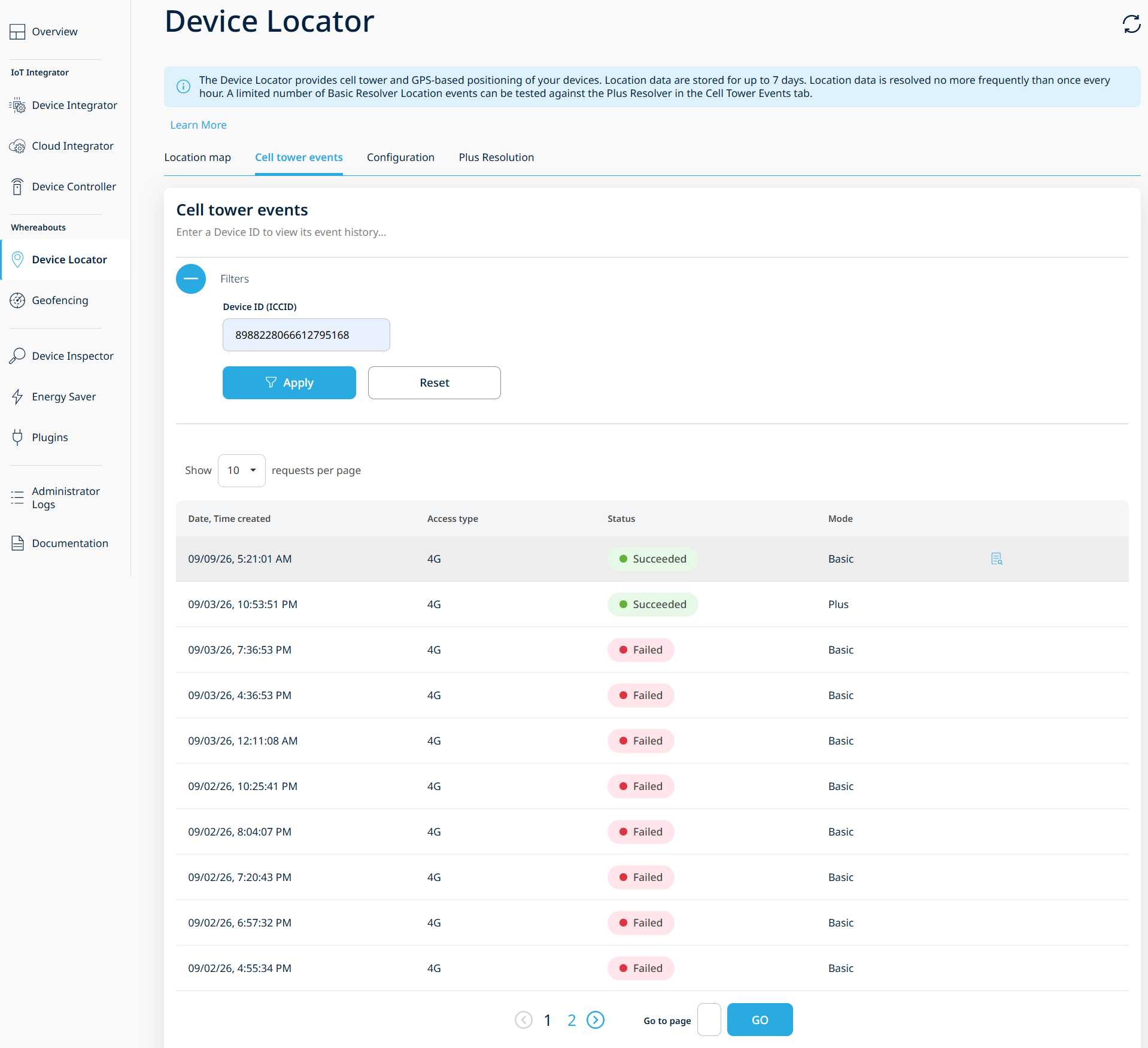 Cell Tower Events table with the details icon revealed on hover at the end of an event row, the entry point for the Network Event Resolver