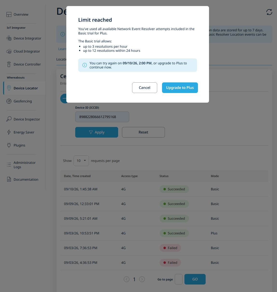 Limit reached dialog showing both limit rows, a limiter-specific title and description, a reset line, and the Upgrade to Plus call-to-action