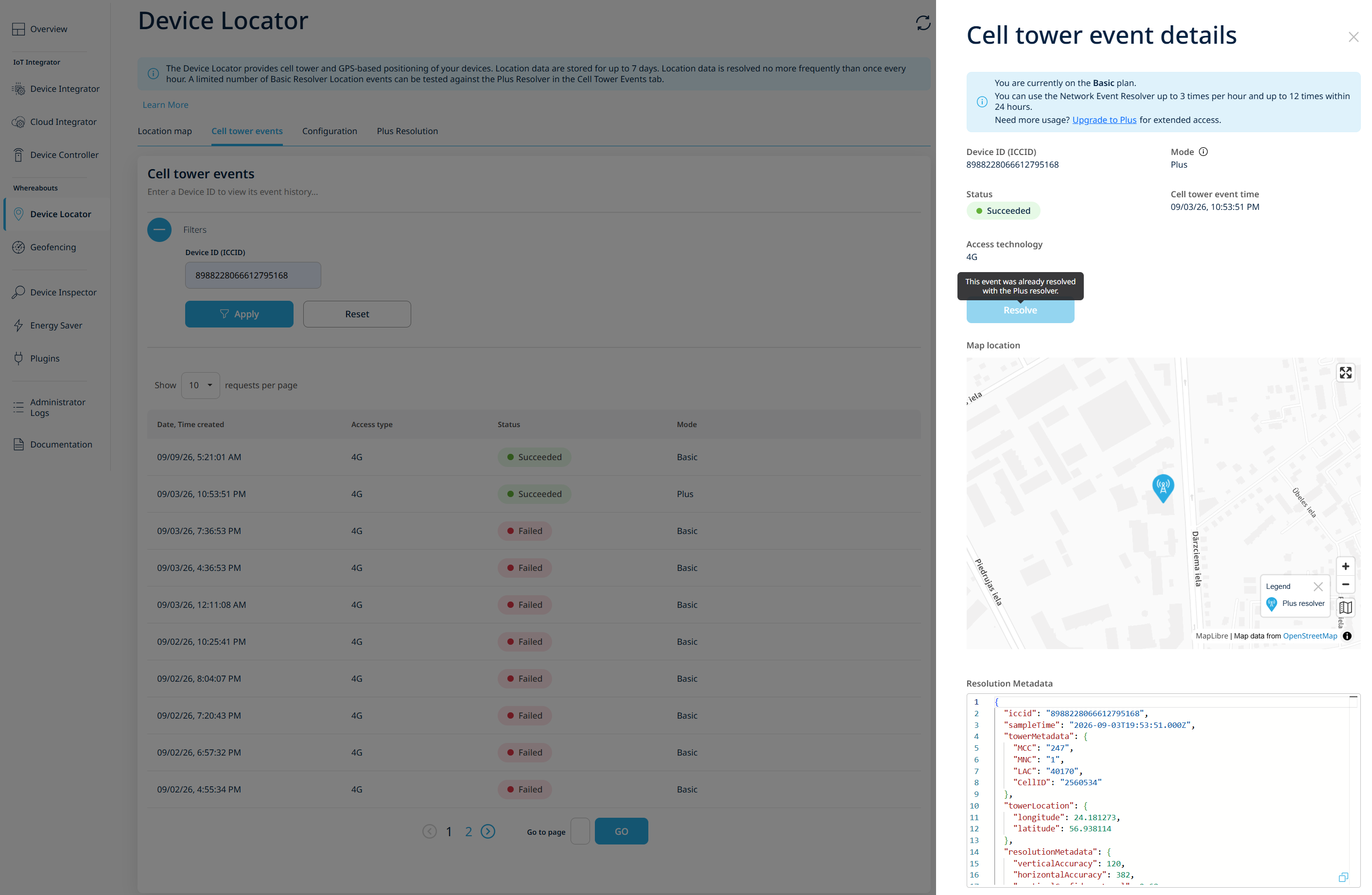 Cell tower event details panel opened view-only for an event already resolved by the Plus solver mode, with the Mode shown as Plus and the disabled Resolve control showing the already-resolved-with-the-Plus-resolver tooltip